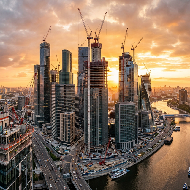 Modern construction skyline at golden hour